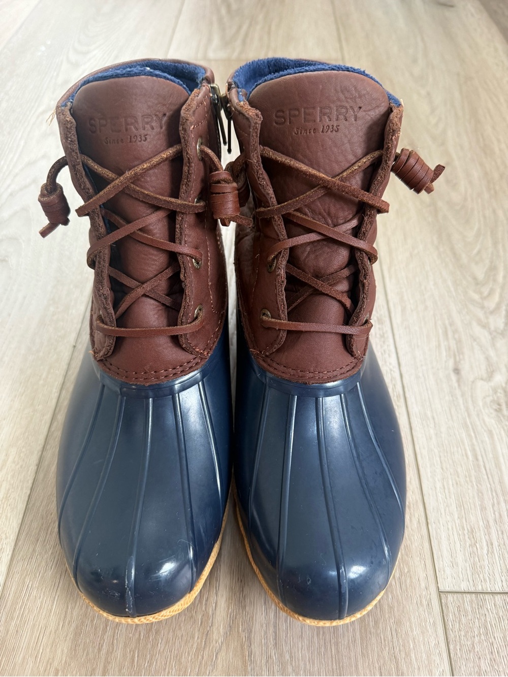 Sperry Brown Leather and Navy Rubber Duck Boots